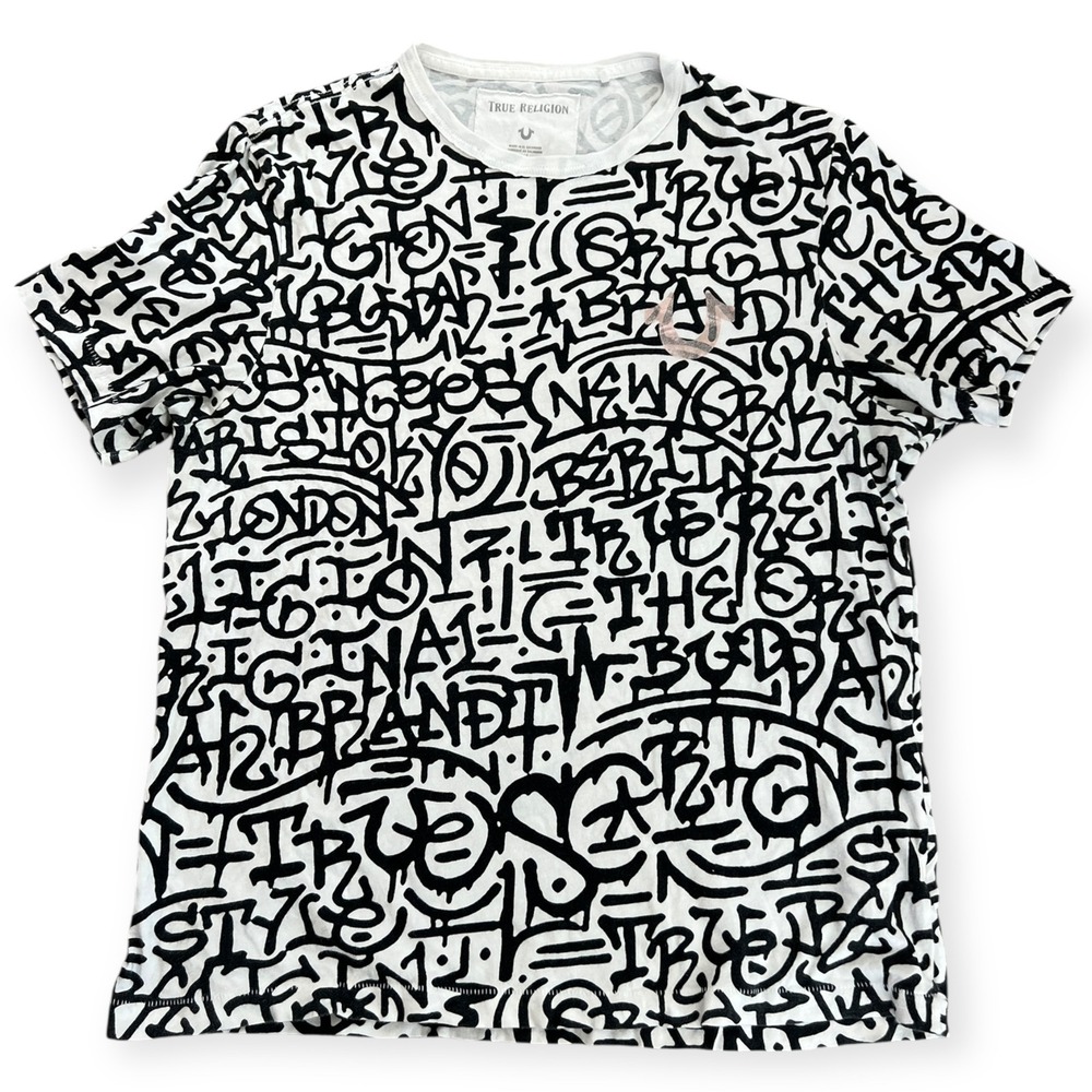 True‎ Religion Men's Large SS Graffiti Tee Black White Allover Print